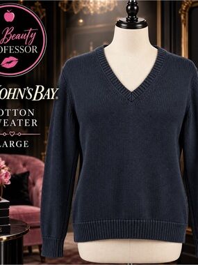 💕 St. John’s Bay Navy Blue 100% Cotton V-Neck Sweater Large